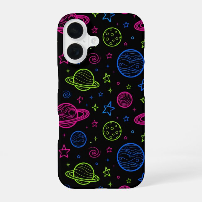 Minimalist Neon Space & Planets Night Sky Pattern iPhone 16 Case (Back)