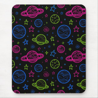 Minimalist Neon Space & Planets Night Sky Pattern Mouse Pad