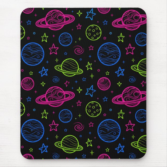 Minimalist Neon Space & Planets Night Sky Pattern Mouse Pad (Front)