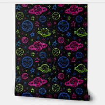 Minimalist Neon Space & Planets Night Sky Pattern