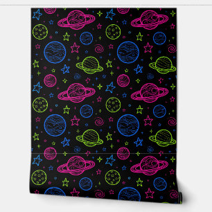 Minimalist Neon Space & Planets Night Sky Pattern Wallpaper