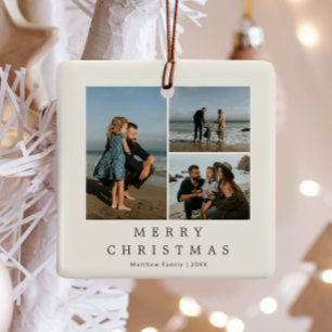 Minimalist Neutral Beige Family Photo Collage Ceramic Ornament