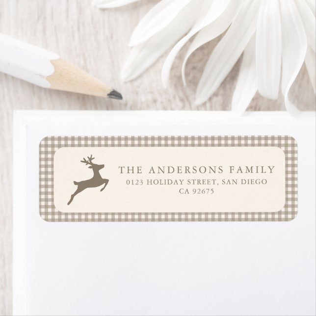 Minimalist Neutral beige Plaid Deer Return Address (Insitu)