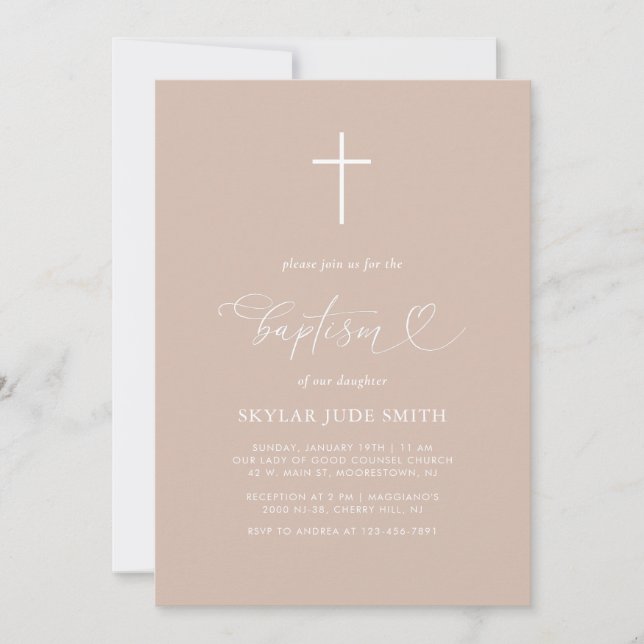 Minimalist Neutral Cross Calligraphy Baptism  Invitation (Front)