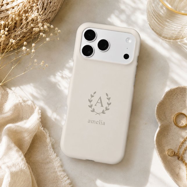Minimalist Neutral Initial Name Laurel Monogram (Elegant personalized ivory phone case with a minimalist laurel wreath monogram)
