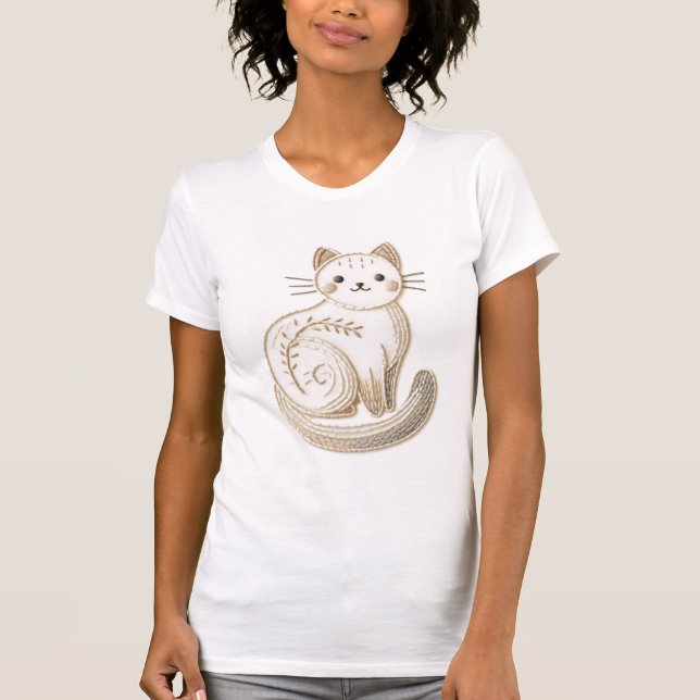 Minimalist Neutral Kitty Boho Embroidered Cat T-Shirt (Front)