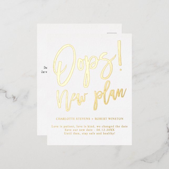 Minimalist new plan wedding change the date  foil invitation postcard (Front/Back)
