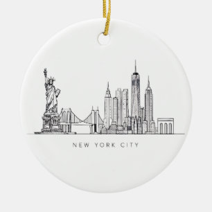 Minimalist New York City Skyline Line Art Ceramic Tree Decoration