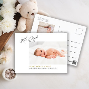 Minimalist Newborn Photo Hello World Announcement Postcard