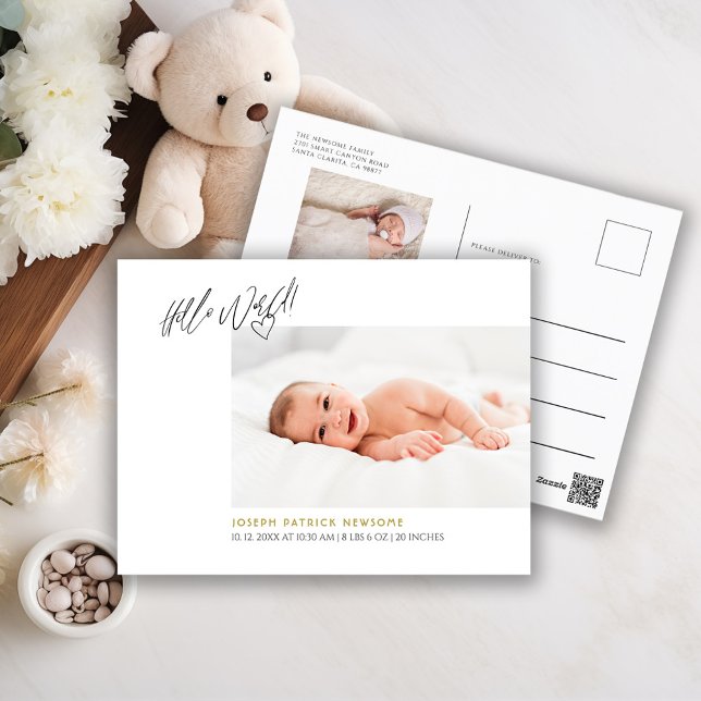 Minimalist Newborn Photo Hello World Announcement  Postcard (Creator Uploaded)