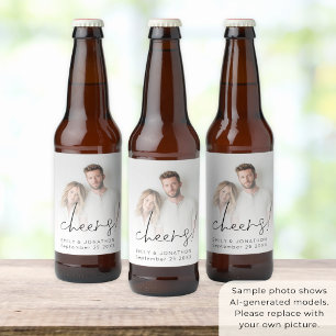 Minimalist Newlywed Photo Overlay Cheers Wedding Beer Bottle Label