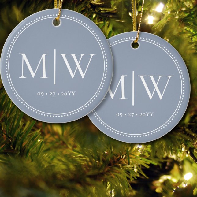 Minimalist Newlyweds Monogram Dusty Blue Holiday Ceramic Tree Decoration (Creator Uploaded)