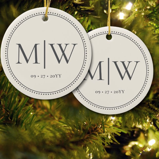 Minimalist Newlyweds Monogram Ecru Holiday Ceramic Tree Decoration (Creator Uploaded)