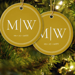 Minimalist Newlyweds Monogram Gold Holiday Ceramic Tree Decoration