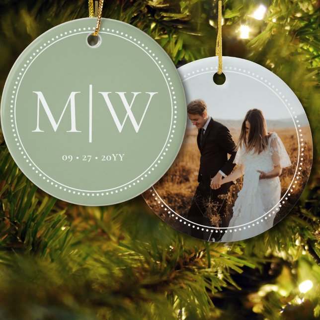 Minimalist Newlyweds Monogram Photo Sage Holiday Ceramic Tree Decoration (Creator Uploaded)