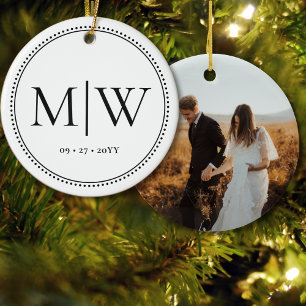 Minimalist Newlyweds Monogram Photo White Holiday Ceramic Tree Decoration