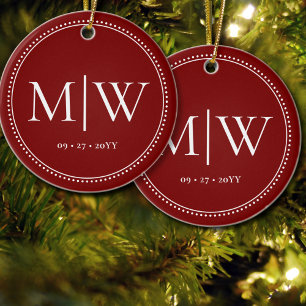 Minimalist Newlyweds Monogram Red Holiday Ceramic Tree Decoration
