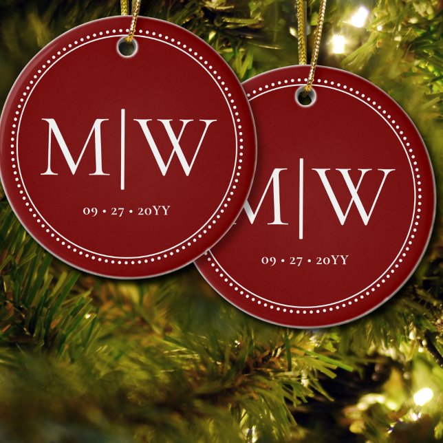 Minimalist Newlyweds Monogram Red Holiday Ceramic Tree Decoration (Creator Uploaded)