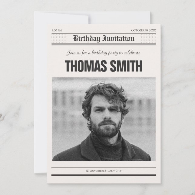 Minimalist Newspaper poster photo birthday Invitation (Front)