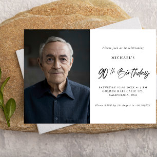 Minimalist Ninety Black White 90th Photo Birthday Invitation