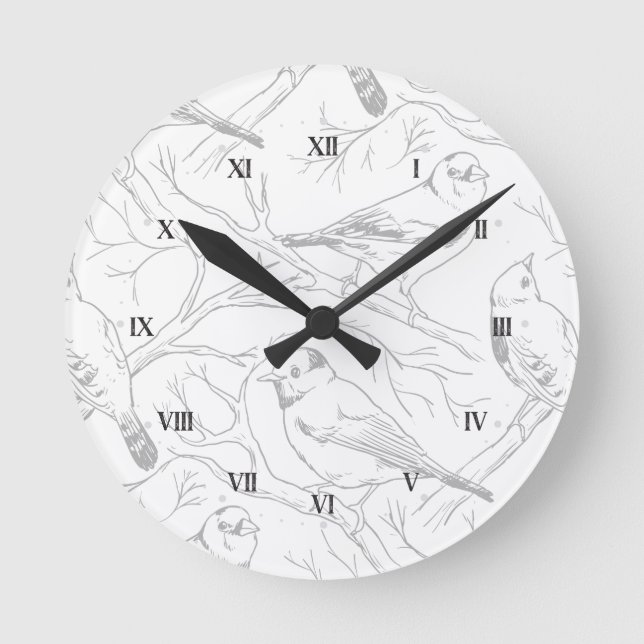 Minimalist North American Birds Line Art Pattern Round Clock (Front)