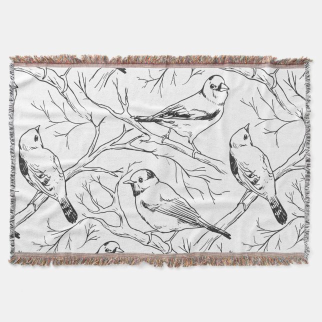 Minimalist North American Birds Line Art Pattern Throw Blanket (Front)