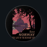 Minimalist Norway Sunset Poster - Mountain Fjord 7.5 Cm Round Badge<br><div class="desc">Experience the atmospheric "Land of the Midnight Sun" with this striking 1912 travel poster by artist Ben Blessum. This professional restoration captures the dramatic Norwegian landscape in a bold, minimalist graphic style, featuring the iconic phrasing: "See NORWAY – The Land of the Midnight Sun." The design showcases a moody sunset...</div>