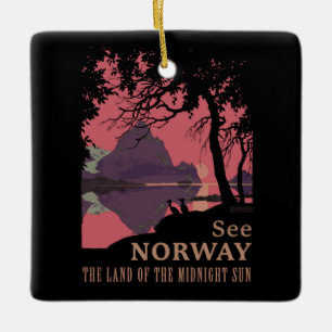 Minimalist Norway Sunset Poster - Mountain Fjord Ceramic Ornament