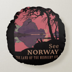 Minimalist Norway Sunset Poster - Mountain Fjord Round Cushion