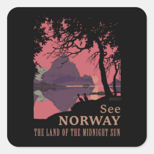 Minimalist Norway Sunset Poster - Mountain Fjord Square Sticker