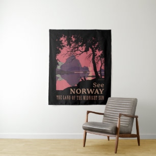 Minimalist Norway Sunset Poster - Mountain Fjord Tapestry