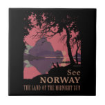 Minimalist Norway Sunset Poster - Mountain Fjord Tile<br><div class="desc">Experience the atmospheric "Land of the Midnight Sun" with this striking 1912 travel poster by artist Ben Blessum. This professional restoration captures the dramatic Norwegian landscape in a bold, minimalist graphic style, featuring the iconic phrasing: "See NORWAY – The Land of the Midnight Sun." The design showcases a moody sunset...</div>