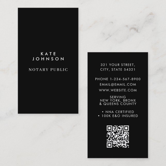 Minimalist Notary Signing Agent Professional Black Business Card (Front/Back)