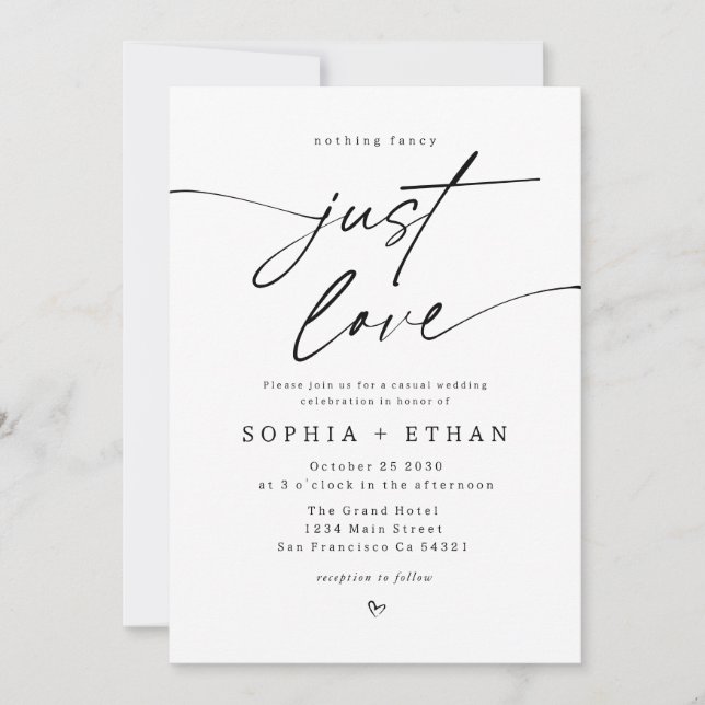 Minimalist Nothing Fancy Just Love Wedding Heart Invitation (Front)