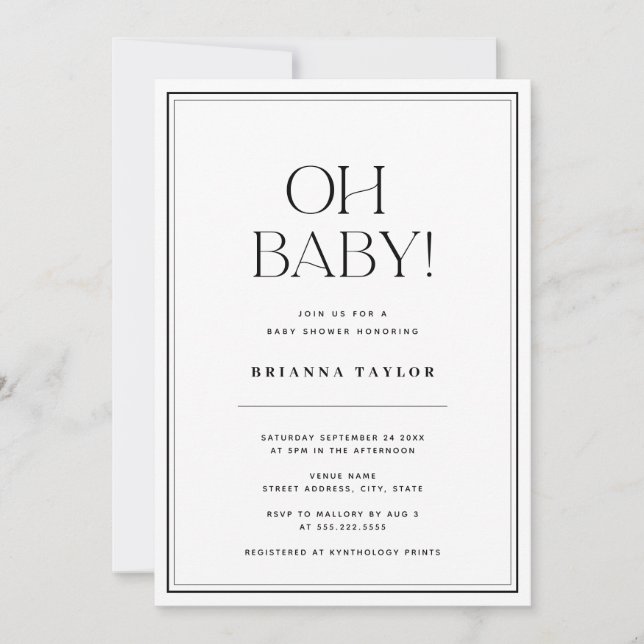 Minimalist Oh Baby Black & White Baby Shower Invitation (Front)