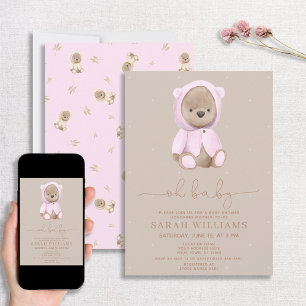Minimalist Oh Baby Pink Bear Baby Shower Invitation