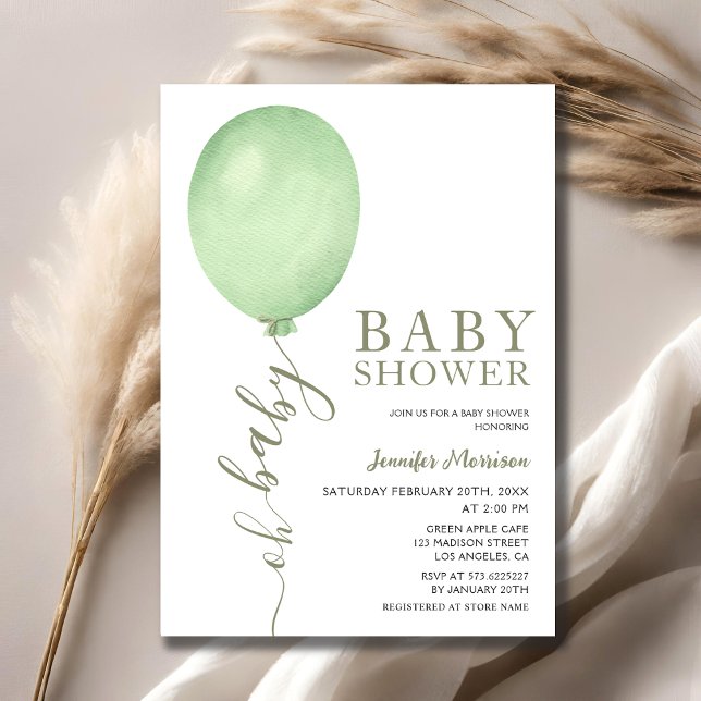 Minimalist Oh Baby Sage Green Balloon Baby Shower  Invitation (Creator Uploaded)