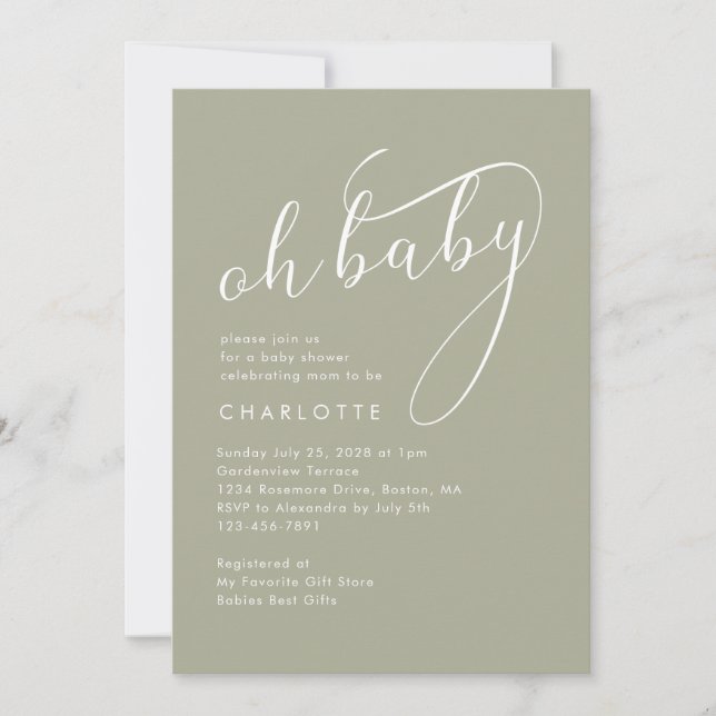 Minimalist Oh Baby Script Green Baby Shower Invitation (Front)