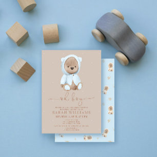 Minimalist Oh Boy Dusty Blue Bear Baby Shower Invitation