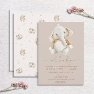 Minimalist Oh Boy Elephant Brown Baby Shower Invit Invitation
