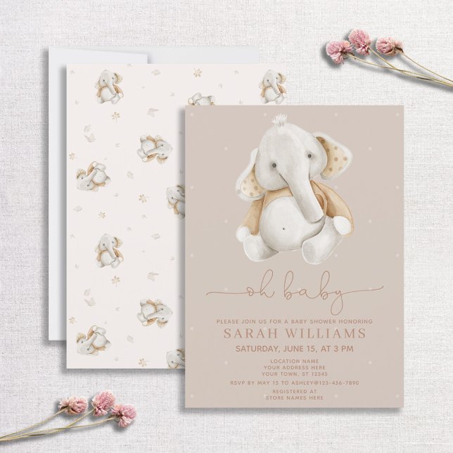 Minimalist Oh Boy Elephant Brown Baby Shower Invit Invitation (Creator Uploaded)
