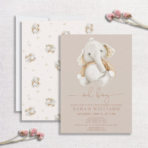 Minimalist Oh Boy Elephant Brown Baby Shower Invitation