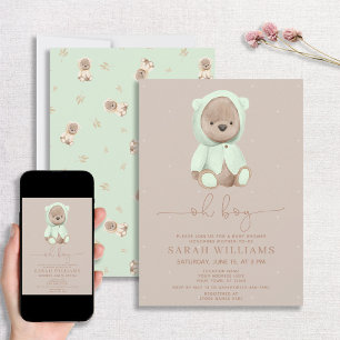 Minimalist Oh Boy Sage Green Bear Baby Shower Invitation