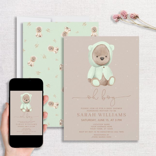 Minimalist Oh Boy Sage Green Bear Baby Shower Invitation (Creator Uploaded)
