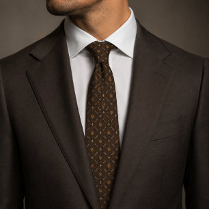 Minimalist Old Money Dark Brown Gold Fleur de Lis Tie