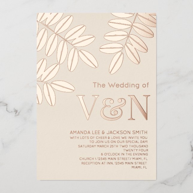 Minimalist Olive Branches Rose Gold Beige Wedding (Front)