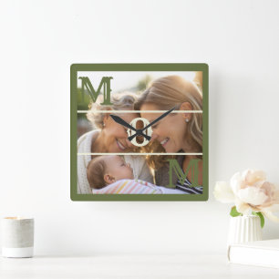 Minimalist Olive Green Custom Photo Mum Keepsake Square Wall Clock