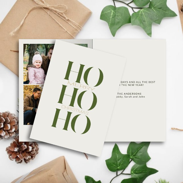 Minimalist Olive Green "HO HO HO" Photo Christmas  Holiday Card (Creator Uploaded)