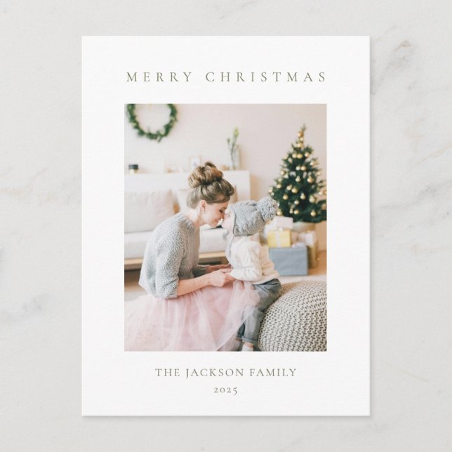 Minimalist Olive Green Merry Christmas Photo Holiday Postcard (Front)