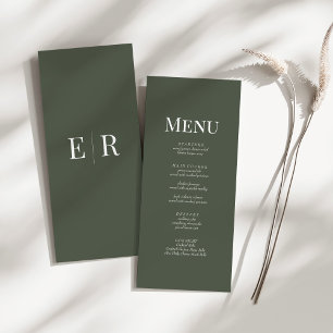 Minimalist Olive Green Monogram Wedding Menu Card